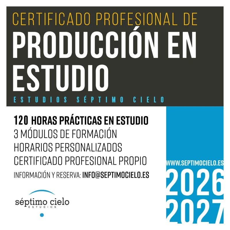 Poster for the Professional Certificate in Studio Production 2026-2027: 120 hands-on hours, 3 modules, personalised schedules